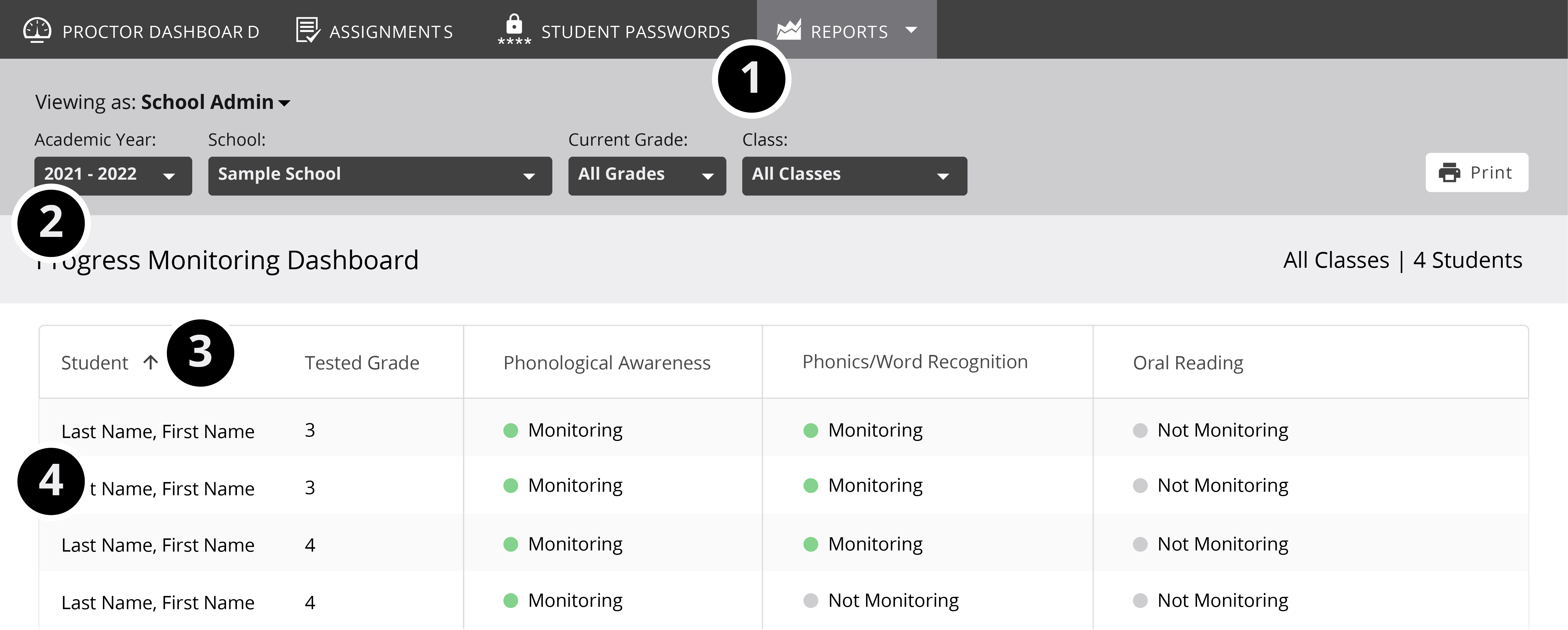 MAP Reading Fluency with the Reports tab open highlighting the key decision points listed in the following steps