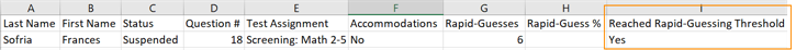 Sample spreadsheet with student who reached rapid-guessing threshold