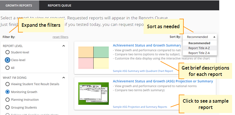 The MAP Reports page showing reports that meet the class-level filter. Each report has a link to an example.