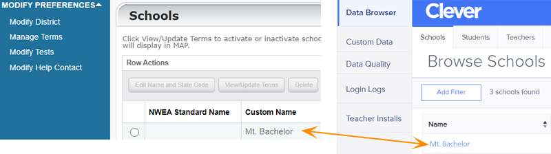 MAP Preferences with School names and same name under Clever Data Browser